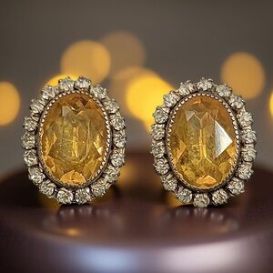 Vintage Martelli Sterling Silver Oval Citrine Glass Halo Earrings